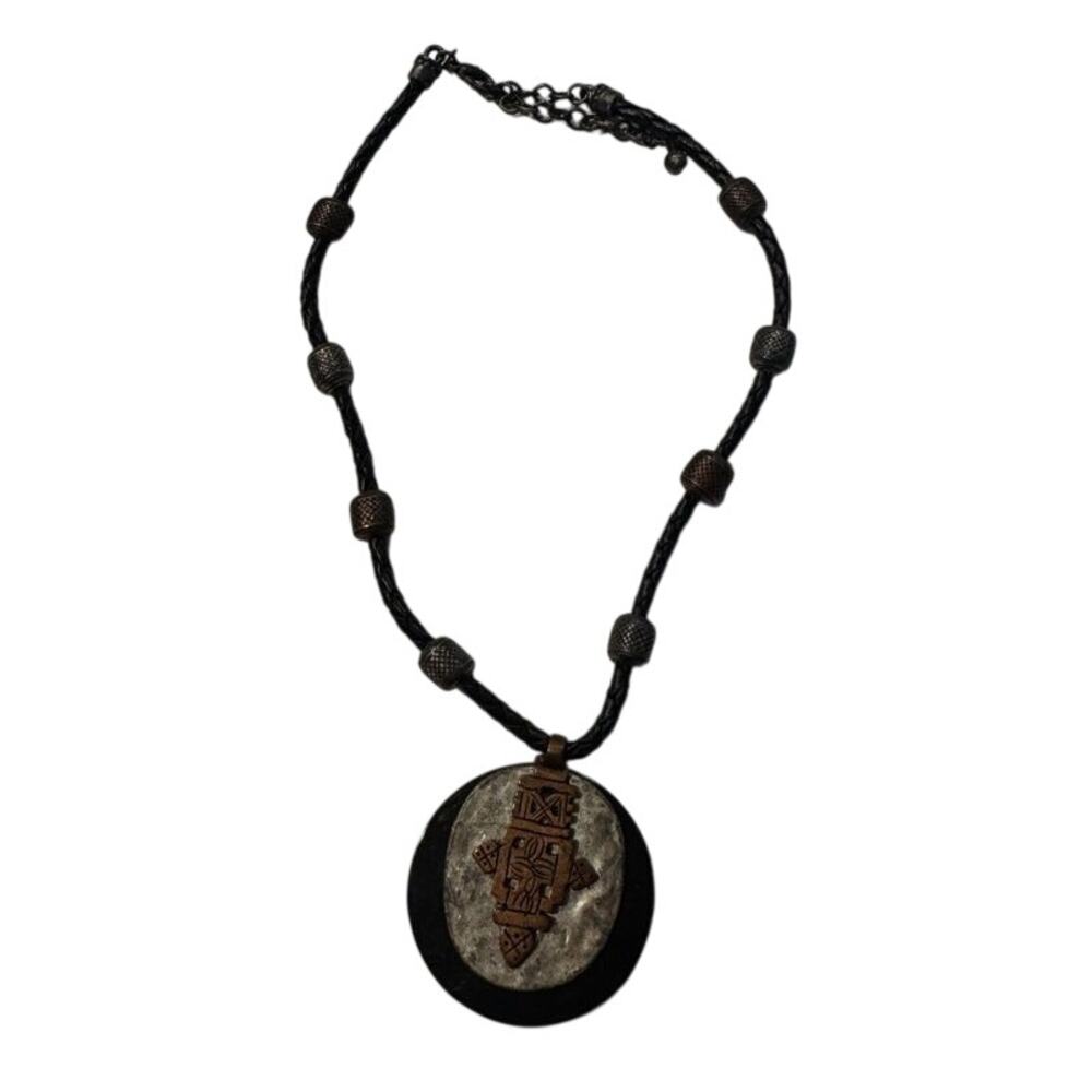 Black Cord Necklace with Copper Bead Accents and Round Tribal Pendant